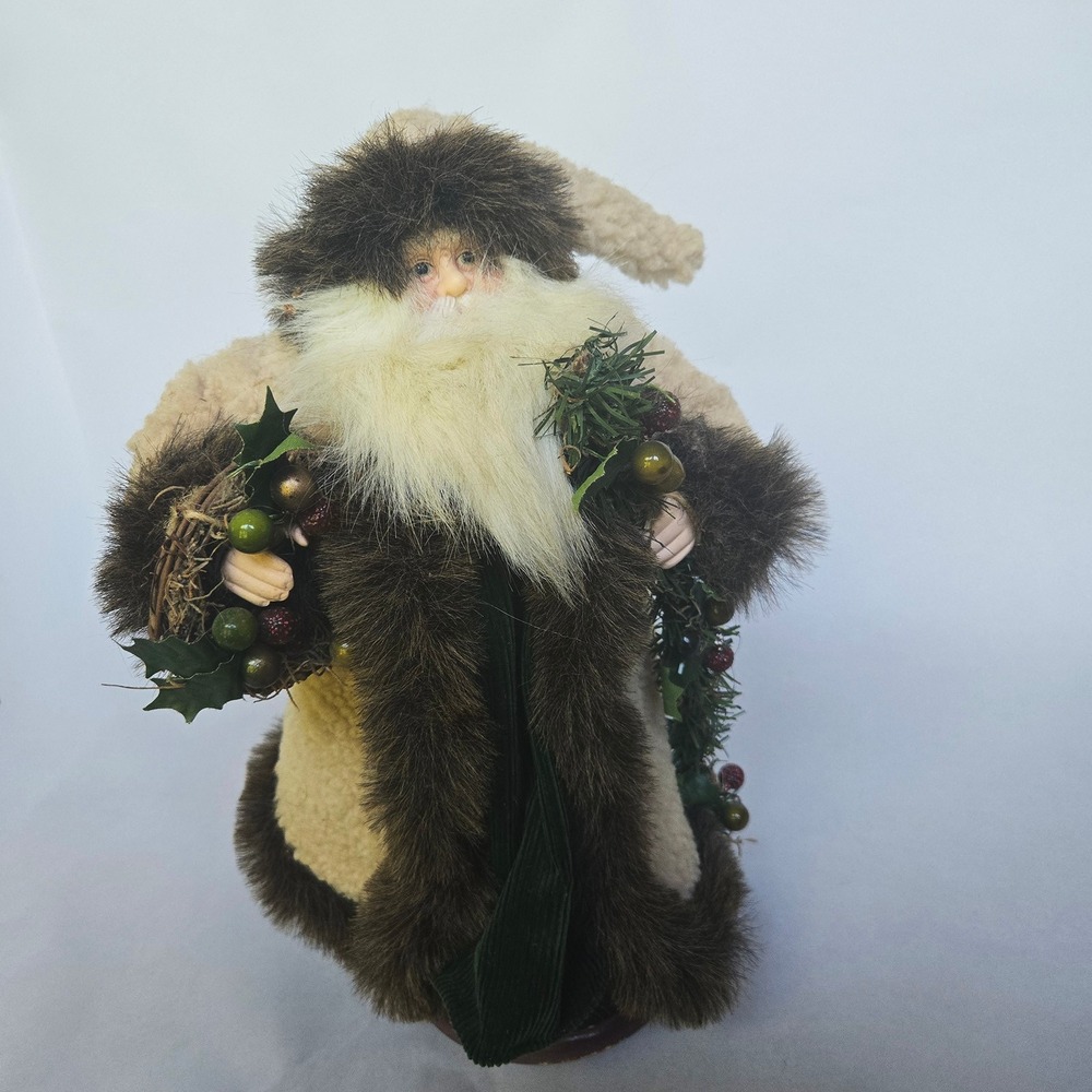 17" Old World Santa Tabletop FigurineGreen Corudory Faux Fur Trimmed Coat Enesco